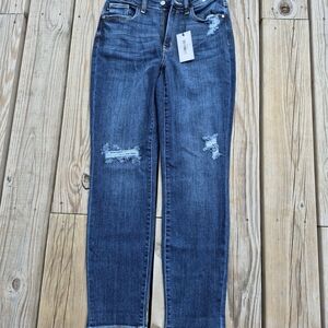 Judy Blue Straight Leg Blue Jeans with Distressed Details - Boyfriend Fit 3/26